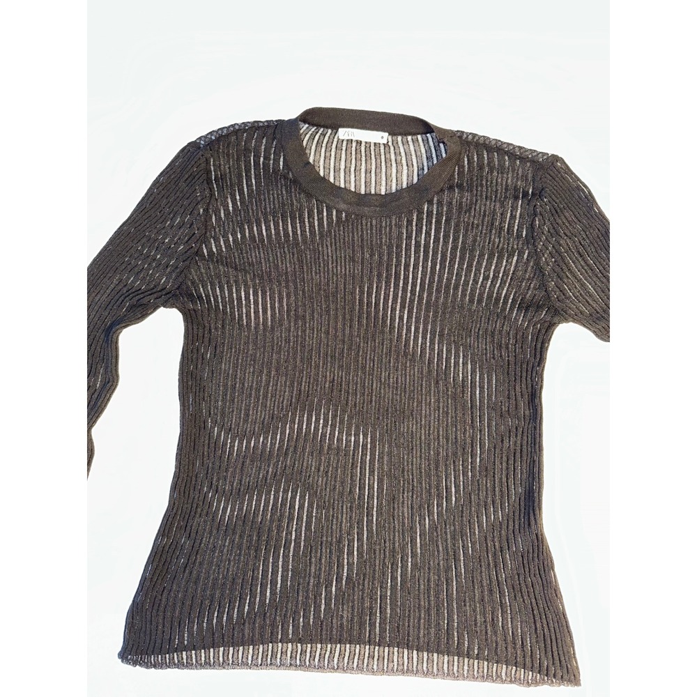 Zara Women Black Sheer Vertical Open Knit Long Sleeve Crew Neck Sweater Size M